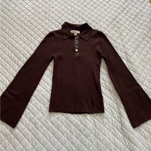 MICHAEL Michael Kors Chocolate Brown Ribbed Polo Sweater with Gold Buttons